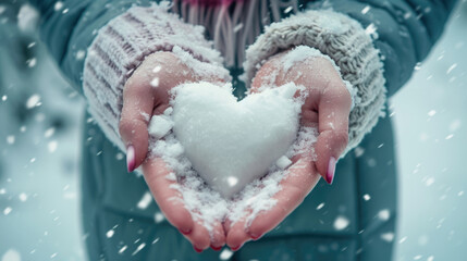 This image features a snow heart cradled in hands, symbolizing winter's tenderness and romance, ideal for Valentine's Day. - obrazy, fototapety, plakaty