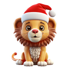 3d cartoon lion, christmas animal clipart, isolated on transparent background