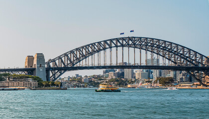 Fototapeta na wymiar The Sydney Harbor Bridge is a heritage-listed steel through arch bridge, nicknamed The Coathanger because of its arch-based design and carries rail, vehicular, bicycle and pedestrian. Australia, 2019