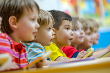 Obraz premium Little children reading books on floor, cheerful school students sitting on the floor in a modern classroom interior,