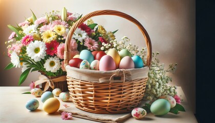 Obraz na płótnie Canvas Wicker basket with Easter eggs. Generative AI