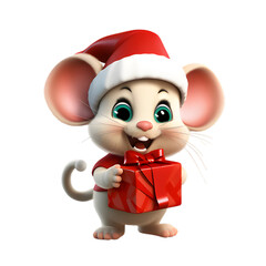 cute 3d mouse wearing santa hat, christmas animal clipart, isolated on transparent background