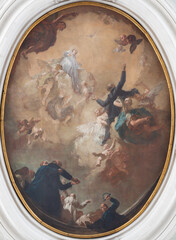TREVISO, ITALY - NOVEMBER 4, 2023: The painting of blesed Jerome Miani on the ceiling in the church Chiesa di San Agostino by Antonio Marinetti il Chiozzotto (1719 - 1796).
