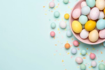 Happy easter decoration background, colorful eggs, flat lay , copy space - generative ai