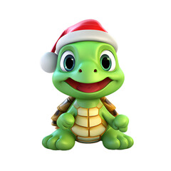cute 3d turtle wearing santa hat, christmas animal clipart, isolated on transparent background
