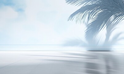 Blue and white themed summer background with palm leaf shadows