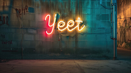 Yeet written in neon sign letters, gen z slang for throw or toss