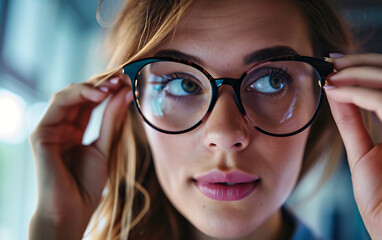 Close up of beautiful young woman wearing glasses