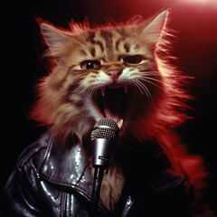 Heavy metal hair band, glam, rocker, cat lightning storm thunder background concert music video album cover