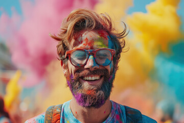 Happy bearded man celebrating Holi festival, portrait of person with paint on face. Smiling guy having fun on colorful powder clouds background. Concept of India, color, travel people - obrazy, fototapety, plakaty