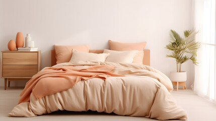 A comfy bedroom with a bed dressed in soft peach fuzz color bedding. Modern trendy tone hue shade