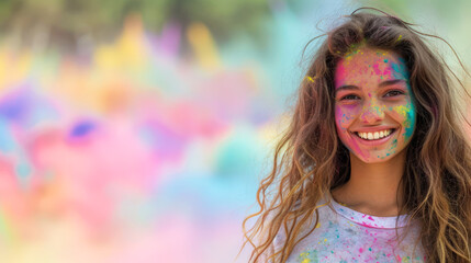 Happy young woman celebrating Holi festival, person with paint and powder on face having fun. Portrait of adult girl on blurred colorful background. Concept of India, color, travel