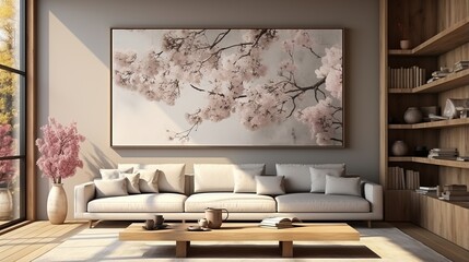 Japanese living room with cherry blossom painting