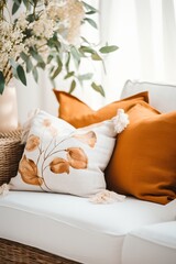 Elegant living room interior with white sofa and designer cushions