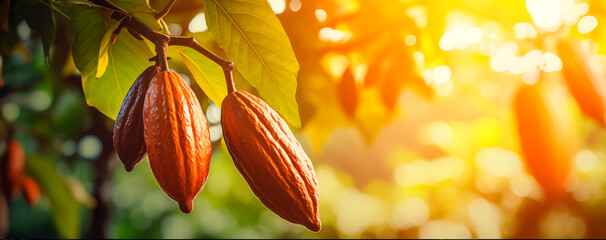 Cocoa pods, cacao tree blurred background with copy space