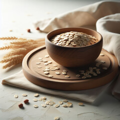 Oats, rolled oats or oat flakes, wooden bowl and White cloth, Avena, copos de avena, cuenco de madera y tela blanca,  - obrazy, fototapety, plakaty