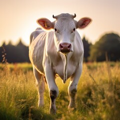 A cow standing in a lush green field looking at the camera