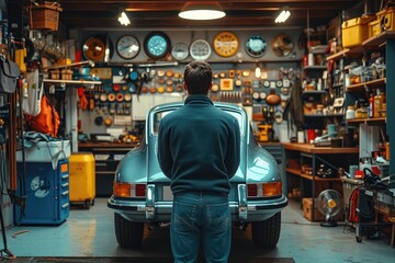 A man stands among neatly organized clothing shelves in a garage turned shop, his rugged street style contrasting with the sleek parked vehicle and rows of tires on the indoor floor - obrazy, fototapety, plakaty