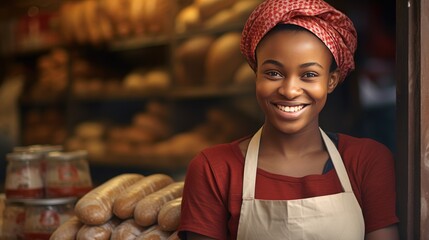 African young female standing in front of bakery - obrazy, fototapety, plakaty