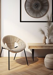 A stylish living room with a comfortable wicker chair and a wooden table,
