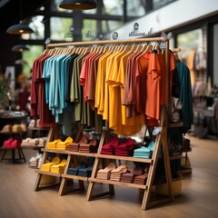Clothing store with wooden racks displaying colorful t-shirts and folded clothes