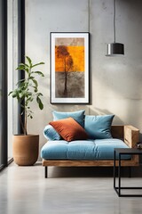 Blue couch and orange painting of a tree in a concrete room