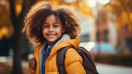 portrait of a happy african american school girl with curly hair wearing a yellow jacket and a backpack