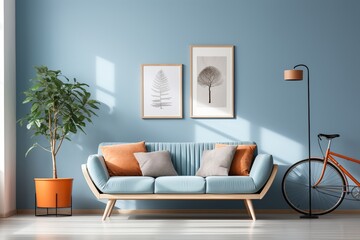 Blue living room with orange accents and a bicycle