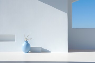 Blue vase on a white table with a blue background