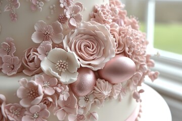 Close-up of a freshly baked Easter cake adorned with fondant flowers and chocolate eggs