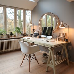 Home office with a large mirror and a white desk