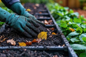 Naklejka premium Woman in gloves digging and planting 