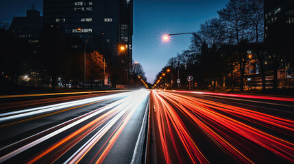 night light trails and freeways with cars, light from cars on night roads