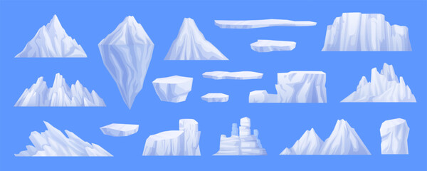 Cartoon arctic floating glaciers, icebergs and ice mountains. Vector icy cliffs and frozen block elements for north landscape - obrazy, fototapety, plakaty