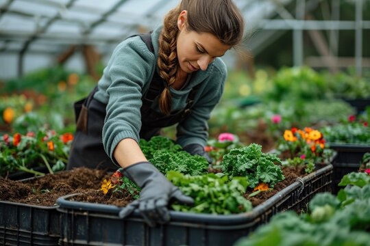 Woman gardener plants flowers in a greenhouse