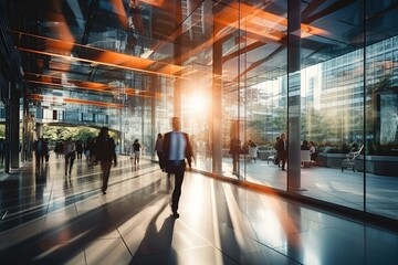 Business professionals walking in a modern office building with large glass windows