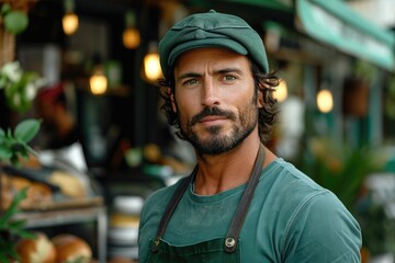 Young man in apron standing outside 