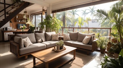 Modern living room interior with large windows and tropical plants