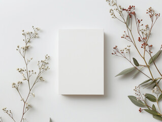 Blank card or Invitation card mockup with natural and white twigs. Blank card mockup on beige background. with nature light.