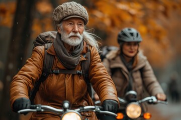 Fototapeta premium Several senior people riding bikes in the city,