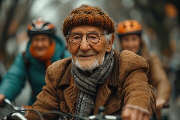 Several senior people riding bikes in the city