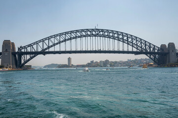 The Sydney Harbor Bridge is arch bridge,  nicknamed The Coathanger and carries rail, vehicular, bicycle and pedestrian. Sydney, Australia, 2019