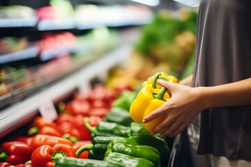 Closeup of a customer's hand holding a yellow bell pepper at a grocery store