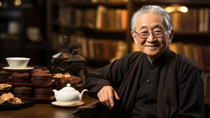 Fototapeta na wymiar Portrait of a smiling elderly Asian man in traditional clothing sitting at a table with a teapot and a plate of cookies