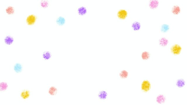 Hand drawn animated crayon background with colorful polka dot on white background. Wallpaper with copy space for logo or text. Cartoon. Cartoony. Film grain pixel texture. Animation. Loop. Repeating.