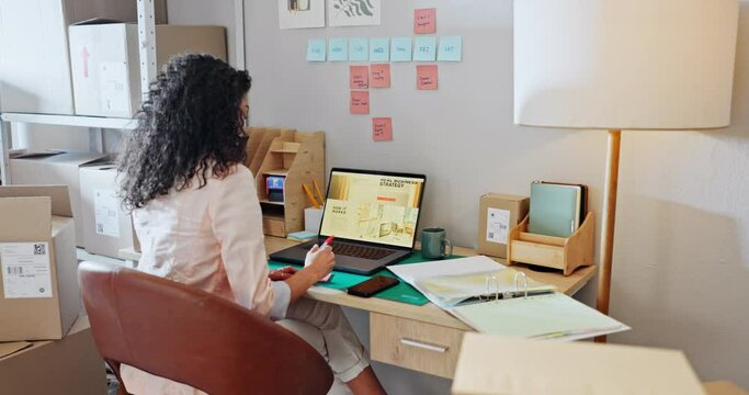 Woman, boxes and writing with coffee by laptop, reading and start morning with drink for energy. Small business owner, cardboard package and notes with tea cup, computer and vision for strategy idea