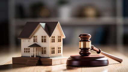 Real Estate Law Concept: Wooden Gavel with House Model - obrazy, fototapety, plakaty