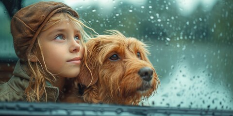 Girl with a dog looks out the window of her car