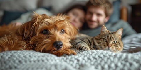 Loving couple with a cat and a dog on the bed