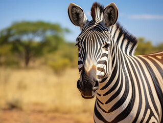 Fototapeta na wymiar Portrait of zebra standing in grassland, wild animal in its habitat